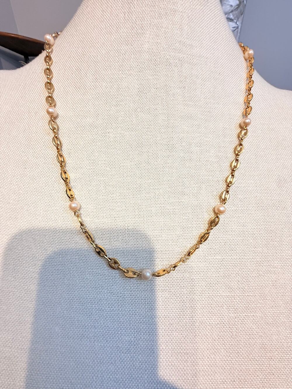 Gold Tone Faux Pearl Station Necklace 23”